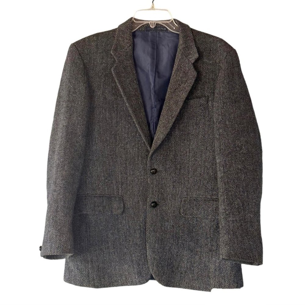 Vintage Dunn & Co Harris Tweed Blazer Herringbone Navy Medium Wool Scotland